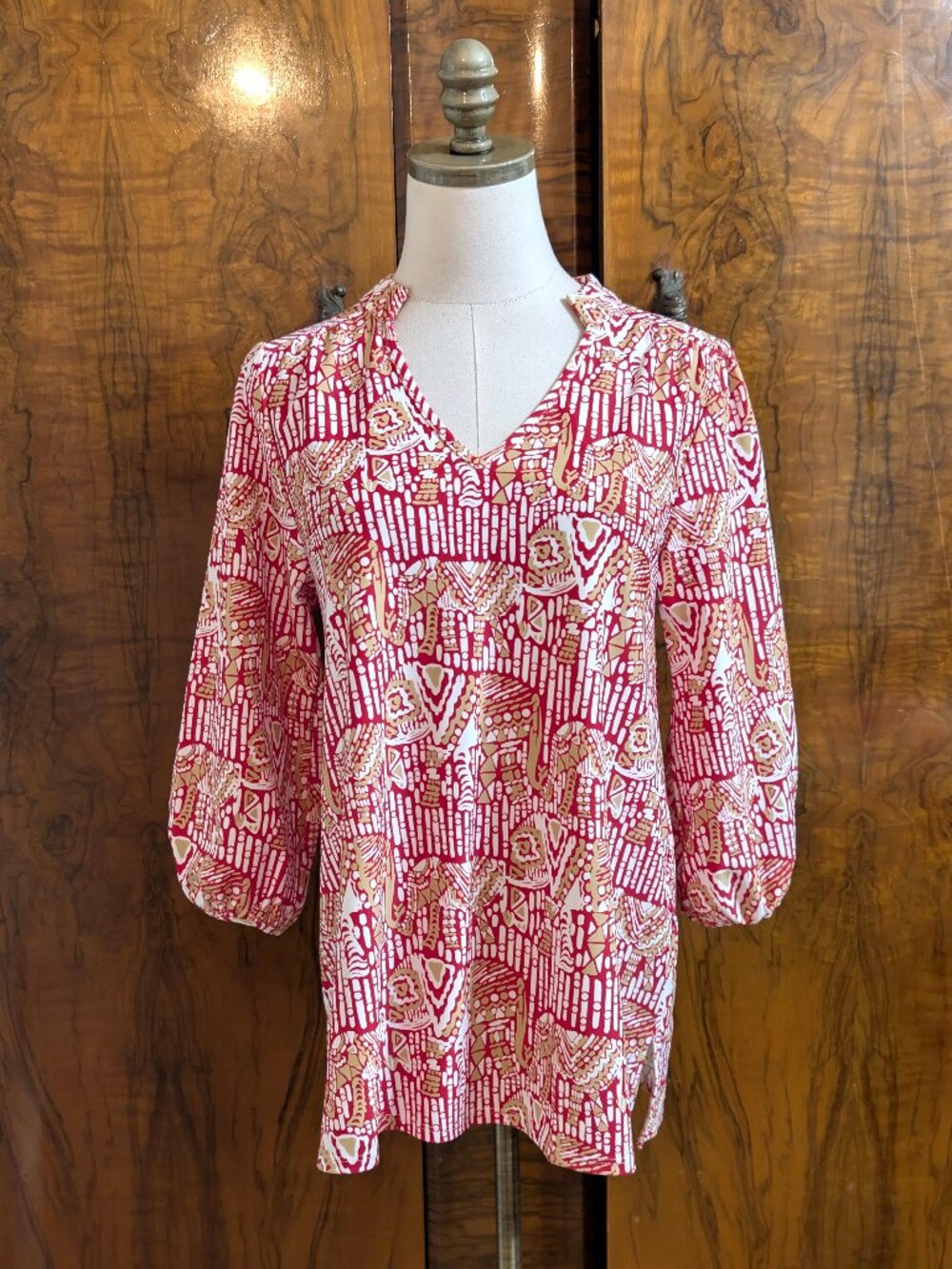 Jude Connally Kerry Tunic Top Size S Red Beige Elephant Geometric Resort Wear